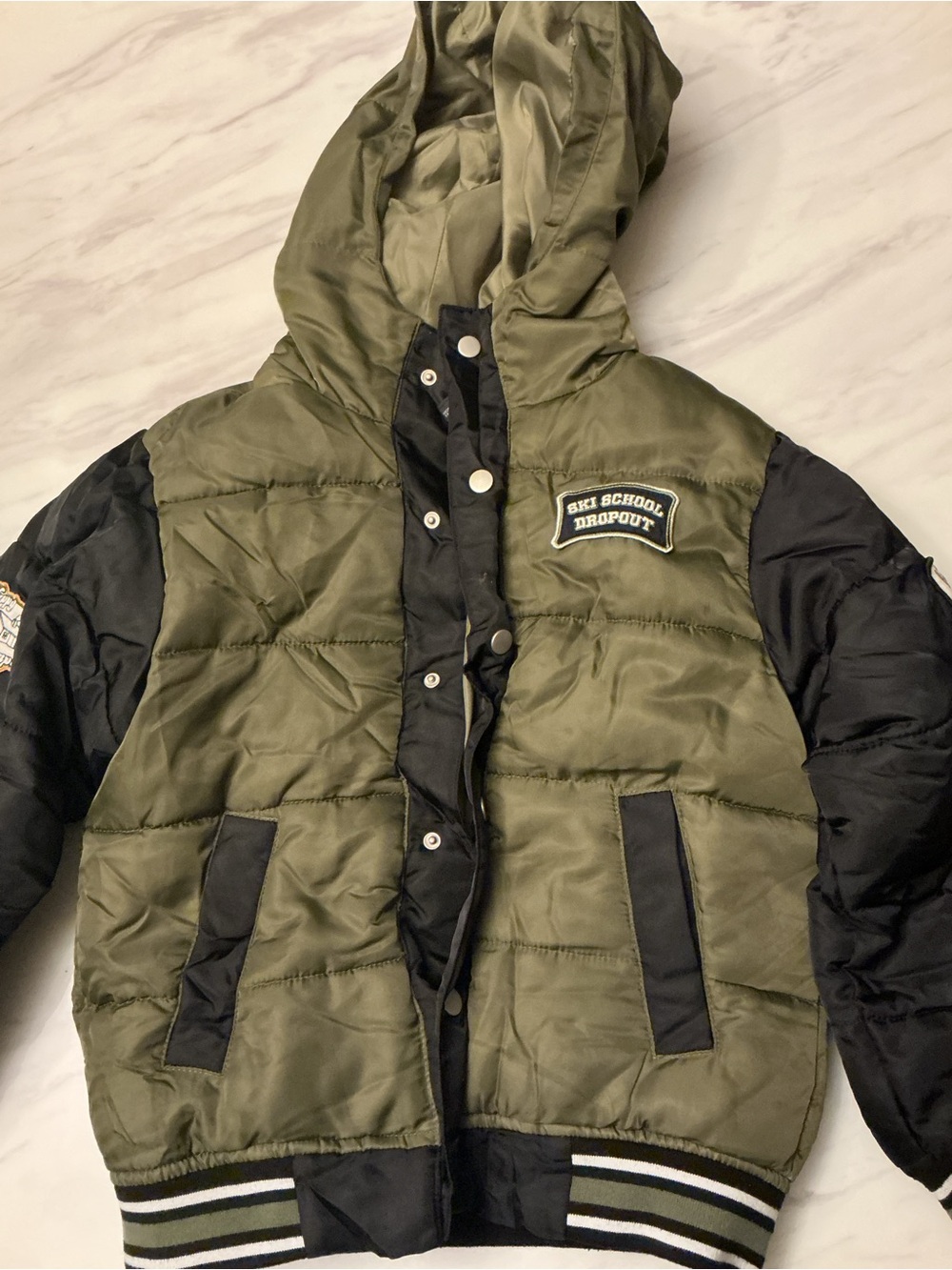 Kids Olive Green & Black Puffer Jacket with Hood